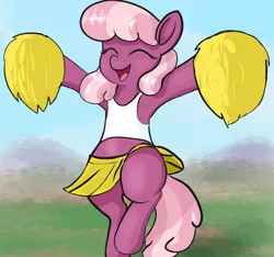 Size: 1600x1500 | Tagged: safe, artist:t72b, derpibooru import, cheerilee, earth pony, pony, atg 2019, bipedal, cheeribetes, cheerileeder, cheerleader, clothes, cute, eyes closed, female, happy, jumping, mare, midriff, miniskirt, moe, newbie artist training grounds, pleated skirt, pom pom, skirt, skirt lift, solo