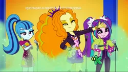 Size: 1280x720 | Tagged: safe, derpibooru import, screencap, adagio dazzle, aria blaze, sonata dusk, equestria girls, equestria girls series, sunset's backstage pass!, spoiler:eqg series (season 2), clothes, discovery family logo, female, mic drop, microphone, pigtails, ponytail, spiked headband, the dazzlings, trio