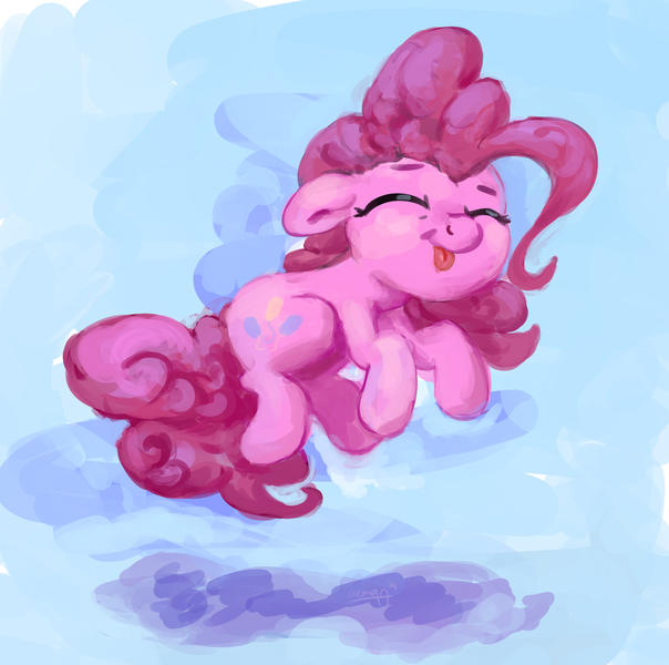 Size: 1996x1984 | Tagged: safe, artist:aemantaslim, derpibooru import, pinkie pie, earth pony, pony, :p, :t, atg 2019, cute, diapinkes, eyes closed, female, floppy ears, jumping, mare, newbie artist training grounds, ponk, smiling, solo, tongue out