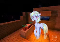 Size: 2388x1668 | Tagged: safe, alternate version, artist:wwy, derpibooru import, edit, oc, oc:dreamy cyanstrings, unofficial characters only, pony, unicorn, birthday, birthday cake, cake, flower, flower pot, food, light, light skin, looking at you, minecraft, night, red eyes, solo, text
