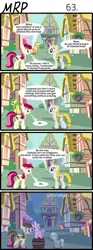 Size: 800x2153 | Tagged: safe, artist:umneem, derpibooru import, apple bloom, applejack, diamond tiara, roseluck, scootaloo, silver spoon, sweetie belle, oc, oc:dispersion, earth pony, pegasus, pony, unicorn, comic:my rational pony, barrel, comic, crayon, cutie mark crusaders, female, mare, ponyville