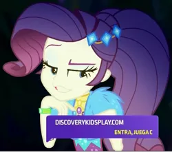 Size: 705x624 | Tagged: safe, derpibooru import, screencap, rarity, equestria girls, equestria girls series, sunset's backstage pass!, spoiler:eqg series (season 2), cropped, discovery kids, music festival outfit, smiling, smirk, solo, spanish, spanish text, watermark