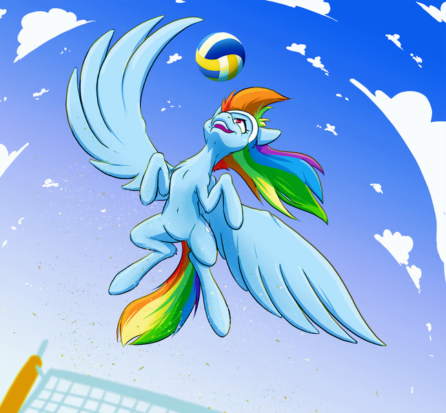 Size: 1500x1392 | Tagged: safe, artist:ikarooz, derpibooru import, rainbow dash, pony, beach, cloud, perspective, sky, solo, sports, spread wings, sweatband, volleyball, volleyball net, wings