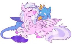 Size: 1290x791 | Tagged: safe, artist:wanderingpegasus, derpibooru import, gallus, silverstream, classical hippogriff, gryphon, hippogriff, birds doing bird things, cheek fluff, chest fluff, cute, diastreamies, eyes closed, female, gallabetes, gallstream, grooming, male, preening, shipping, smiling, straight, talons, wing fluff
