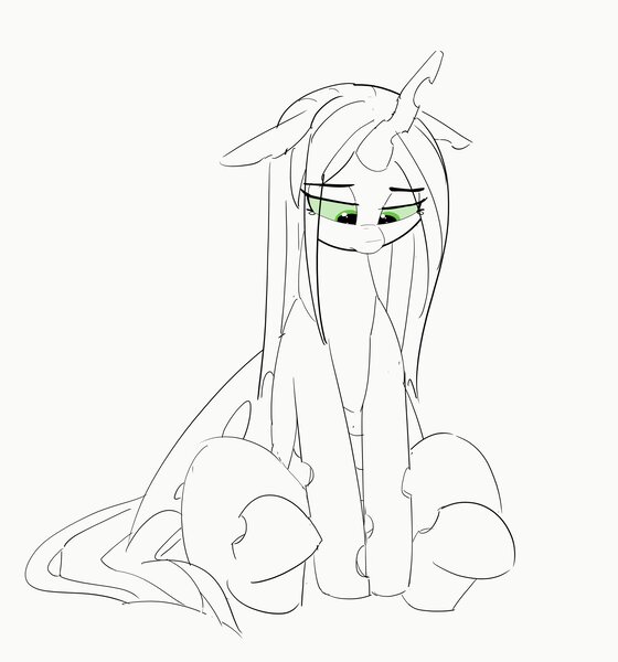 Size: 3826x4096 | Tagged: artist:pabbley, changeling, changeling queen, cute, cutealis, derpibooru import, eye clipping through hair, female, floppy ears, looking down, monochrome, neo noir, partial color, queen chrysalis, sad, sadorable, safe, simple background, sitting, solo, white background