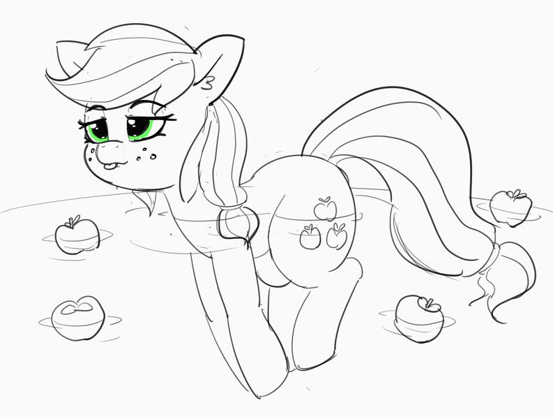 Size: 3319x2512 | Tagged: safe, artist:pabbley, derpibooru import, applejack, earth pony, pony, apple, bathing, ear fluff, female, floating, food, freckles, mare, monochrome, neo noir, partial color, relaxed, smiling, solo, that pony sure does love apples, tongue out, water