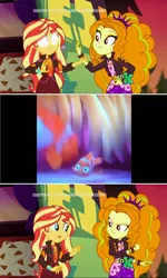 Size: 1920x3202 | Tagged: suggestive, derpibooru import, edit, screencap, adagio dazzle, sunset shimmer, equestria girls, equestria girls series, sunset's backstage pass!, spoiler:eqg series (season 2), discovery kids, finding nemo, fish titties, meme, mind reading, music festival outfit, spanish, spiked headband, sunset sees things