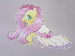 Size: 600x450 | Tagged: safe, artist:cherubfish, derpibooru import, fluttershy, butterfly, pony, chibi, clothes, dress, female, floral head wreath, flower, gray background, looking at you, mare, open mouth, sidemouth, simple background, smiling, solo, traditional art, wedding dress