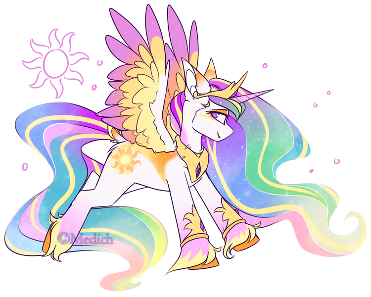 Size: 2250x1800 | Tagged: safe, artist:mediasmile666, derpibooru import, edit, part of a set, princess celestia, alicorn, pony, coat markings, colored wings, cropped, ethereal mane, female, greaves, jewelry, lidded eyes, looking at you, mare, rainbow power, rainbow power-ified, redesign, regalia, sidemouth, simple background, smiling, solo, spread wings, starry mane, starry wings, sun, tail feathers, unshorn fetlocks, white background, wings