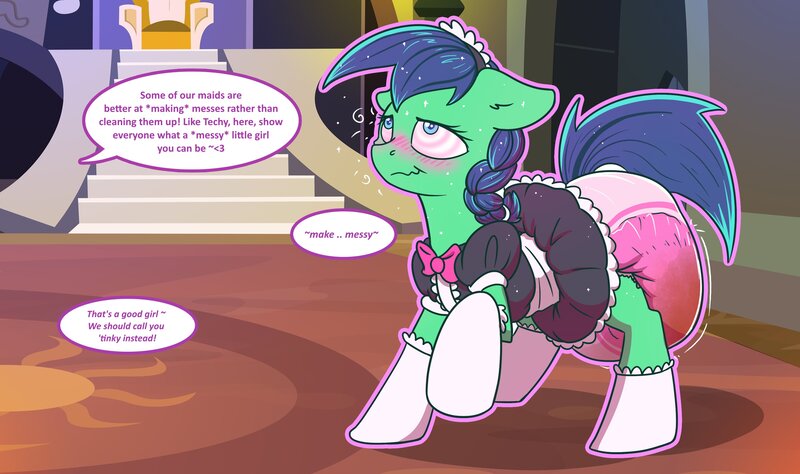 Size: 3372x2000 | Tagged: questionable, artist:sylph-space, derpibooru import, oc, oc:techy, pony, blushing, clothes, diaper, diaper fetish, fetish, maid, messy diaper, mind control, off screen character, poofy diaper, poop, poopy diaper, solo