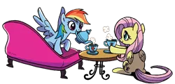 Size: 1120x540 | Tagged: safe, artist:brendahickey, derpibooru import, edit, idw, fluttershy, rainbow dash, pegasus, pony, spoiler:comic, spoiler:comicspiritoftheforest02, background removed, couch, cropped, cup, cute, duo, female, food, mouth hold, simple background, table, tea, teapot, transparent background