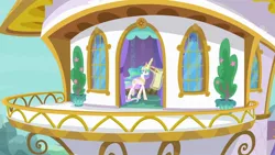 Size: 1920x1080 | Tagged: safe, derpibooru import, screencap, princess celestia, alicorn, pony, between dark and dawn, balcony, canterlot castle, celestia's bedroom, ethereal mane, female, flowing mane, glowing horn, horn, levitation, magic, magic aura, mare, multicolored mane, quill, quill pen, scroll, solo, telekinesis, walking