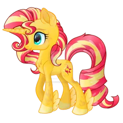Size: 900x900 | Tagged: safe, artist:santamouse23, derpibooru import, sunset shimmer, pony, unicorn, spoiler:g5, beautiful, chest fluff, colored hooves, deviantart watermark, female, g5, g5 redesign, leg fluff, mare, obtrusive watermark, redesign, simple background, smiling, solo, transparent background, watermark