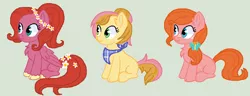 Size: 887x341 | Tagged: safe, artist:happyhippoadopts, artist:kittiebases, derpibooru import, oc, unnamed oc, butterfly, earth pony, pegasus, pony, bandana, base used, chest fluff, cloven hooves, female, floral head wreath, flower, green background, hooves, missing cutie mark, offspring, parent:big macintosh, parent:fluttershy, parents:fluttermac, simple background