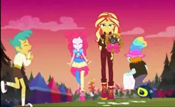 Size: 1169x720 | Tagged: safe, derpibooru import, screencap, pinkie pie, snails, snips, sunset shimmer, cat, equestria girls, equestria girls series, sunset's backstage pass!, spoiler:eqg series (season 2), basket, boots, clothes, converse, crying, eyes closed, female, hair bun, hat, hattie, jacket, legs, male, music festival outfit, pants, pantyhose, shoes, shorts, skirt, sky, sneakers, socks