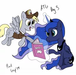 Size: 1693x1668 | Tagged: safe, artist:pixelgrip94, deleted from derpibooru, derpibooru import, derpy hooves, princess luna, alicorn, pegasus, pony, admiration, atg 2019, book, duo, duo female, female, hat, mail, mailmare, mailmare hat, mare, newbie artist training grounds, simple background, white background