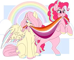 Size: 1280x1039 | Tagged: safe, artist:elskafox, derpibooru import, fluttershy, pinkie pie, earth pony, pegasus, pony, colored hooves, colored wings, female, flutterpie, lesbian, lesbian pride flag, mare, multicolored wings, pride, pride flag, pride month, rainbow, rainbow power, shipping, striped mane, wings