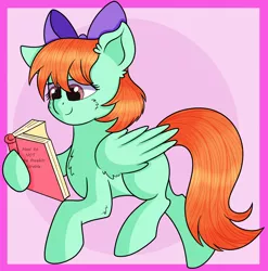 Size: 2962x3000 | Tagged: safe, artist:rainbowtashie, derpibooru import, peppermint goldylinks, pegasus, pony, abstract background, atg 2019, background pony, book, bow, chest fluff, cute, female, friendship student, hoof hold, mane bow, mare, newbie artist training grounds, peppermint adoralinks, reading, simple background, solo