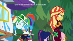 Size: 704x396 | Tagged: safe, derpibooru import, edit, screencap, applejack, fluttershy, rainbow dash, sci-twi, sunset shimmer, twilight sparkle, equestria girls, equestria girls series, sunset's backstage pass!, spoiler:eqg series (season 2), accident, accidental spanking, angry, animated, annoyed, carrying, discovery kids, dodge, edited gif, excited, eyes closed, gif, guitar, journal, large filesize, music festival outfit, musical instrument, ouch, outdoors, running, rv, shocked, slap, smack, smack dat ass, smiling, spanking, surprised, swing, time loop, tree, walking, wince