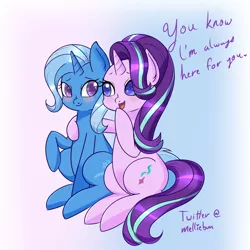 Size: 1800x1800 | Tagged: safe, artist:melliedraws, derpibooru import, starlight glimmer, trixie, pony, unicorn, cute, diatrixes, female, glimmerbetes, hair flip, hair over one eye, lesbian, looking at each other, mare, open mouth, shipping, sitting, smiling, startrix