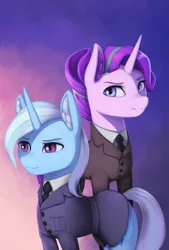 Size: 1422x2100 | Tagged: safe, artist:mrscroup, derpibooru import, starlight glimmer, trixie, pony, unicorn, equestria at war mod, clothes, duo, duo female, female, looking at you, necktie, serious, serious face, suit