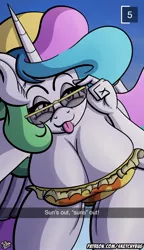 Size: 1024x1773 | Tagged: suggestive, artist:sketchybug, derpibooru import, princess celestia, anthro, breasts, busty princess celestia, cleavage, clothes, female, hat, looking at you, selfie, snapchat, solo, solo female, summer, summer solstice, sun hat, sunglasses, swimsuit, tongue out