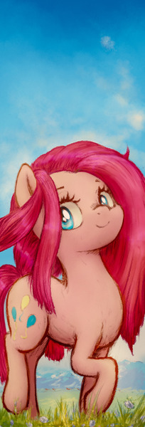 Size: 652x1920 | Tagged: safe, artist:plotcore, derpibooru import, pinkie pie, earth pony, pony, cute, cuteamena, female, grass, mare, newbie artist training grounds, pinkamena diane pie, raised hoof, sky, smiling, solo