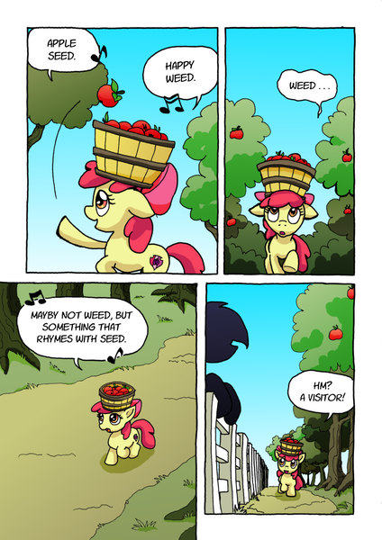 Size: 1201x1700 | Tagged: safe, artist:tarkron, derpibooru import, apple bloom, oc, unnamed oc, earth pony, pony, comic:ghosts of the past, apple, comic, dialogue, duo, female, filly, food, silhouette, singing, sweet apple acres