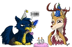 Size: 2567x1684 | Tagged: safe, artist:ghouleh, derpibooru import, oc, oc:eid, oc:wisteria evergreen, unofficial characters only, deer, gryphon, barcode, birthday, cake, dota 2, fluffy, food, hat, party hat, scepter, simple background, transparent background