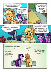 Size: 1201x1700 | Tagged: safe, artist:tarkron, derpibooru import, applejack, twilight sparkle, twilight sparkle (alicorn), oc, oc:tara, alicorn, earth pony, pony, comic:ghosts of the past, blanket, comic, dialogue, grammar error, ponyville market, rear view