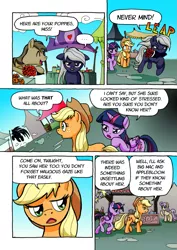 Size: 1201x1700 | Tagged: safe, artist:tarkron, derpibooru import, applejack, twilight sparkle, twilight sparkle (alicorn), oc, oc:tara, alicorn, earth pony, pony, comic:ghosts of the past, comic, dialogue, female, floppy ears, grammar error, male, mare, ponyville market, poppy, running away, stallion, vendor