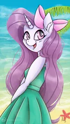 Size: 1080x1920 | Tagged: safe, artist:obscuredragone, derpibooru import, oc, oc:violin melody, anthro, horse, starfish, unicorn, beach, bow, clothes, cute, dress, female, goth, gothic, green dress, hair bow, happy, horn, hot, light skin, long hair, mare, ocean, palm, photo, pink bow, pink eyes, pink ribbon, purple mane, ribbon, solo, summer, sweet, wave
