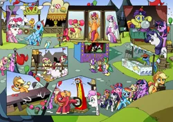 Size: 2407x1700 | Tagged: safe, artist:tarkron, derpibooru import, apple bloom, applejack, big macintosh, carrot cake, daisy, flower wishes, fluttershy, pinkie pie, rainbow dash, rarity, roseluck, scootaloo, sweetie belle, twilight sparkle, twilight sparkle (alicorn), alicorn, earth pony, pegasus, pony, sheep, unicorn, comic:ghosts of the past, basket, comic, cutie mark crusaders, festival, fortune teller, mane six, mirror, no dialogue, puppet