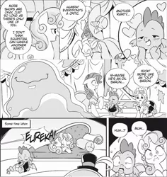 Size: 1820x1932 | Tagged: safe, derpibooru import, seven seas, rarity, smooze, spike, sweetie belle, dragon, pony, unicorn, my little pony: the manga, my little pony: the manga volume 1, spoiler:manga, spoiler:manga1, blushing, bowtie, carousel boutique, clothes, comic, cute, female, filly, heart, maid, male, mare, monochrome, official content, outfit, sleeping, spikabetes, wide eyes, winged spike