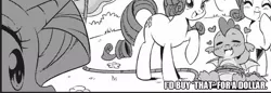 Size: 1207x414 | Tagged: safe, derpibooru import, edit, seven seas, rarity, spike, dragon, pony, unicorn, my little pony: the manga, my little pony: the manga volume 1, spoiler:manga, spoiler:manga1, blushing, caption, eyes closed, female, heart, image macro, male, manga, mare, monochrome, movie reference, robocop, rope, text, tied up, winged spike