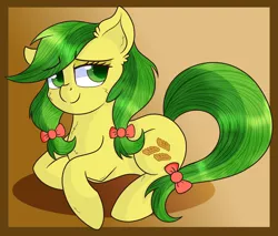 Size: 3000x2553 | Tagged: safe, artist:rainbowtashie, derpibooru import, apple fritter, earth pony, pony, apple family member, bow, cheek fluff, chest fluff, cute, ear fluff, female, hair bow, mare, pigtails, redraw, simple background, smiling, solo, twintails