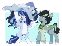 Size: 1436x1051 | Tagged: safe, artist:shady-bush, derpibooru import, oc, oc:azure, oc:bunny army, oc:satin wing, unofficial characters only, pegasus, pony, bipedal, clothes, colored wings, female, male, mare, multicolored wings, stallion, wings