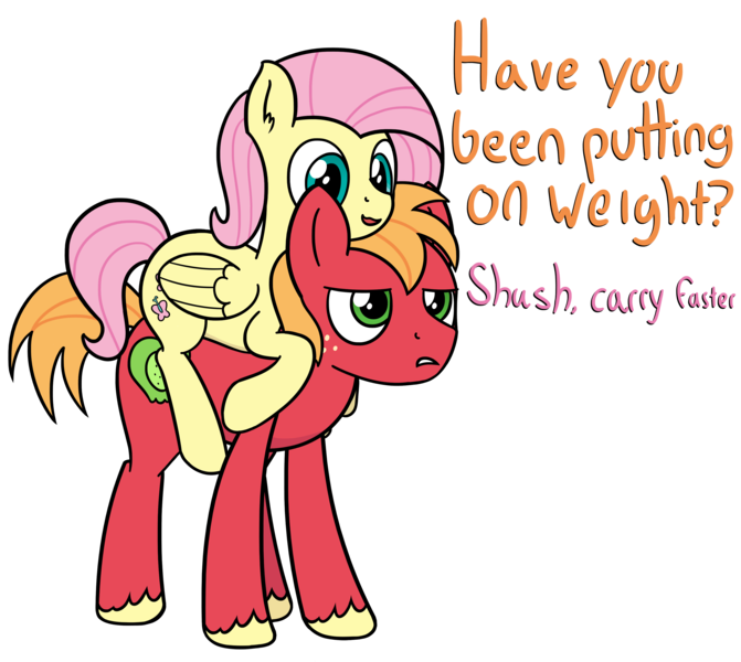 Size: 3316x2963 | Tagged: safe, artist:czu, derpibooru import, big macintosh, fluttershy, alternate hairstyle, carrying, cute, female, fluttermac, male, missing accessory, pony ride, riding, shipping, simple background, straight, text, white background