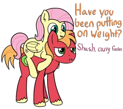 Size: 3316x2963 | Tagged: safe, artist:czu, derpibooru import, big macintosh, fluttershy, alternate hairstyle, carrying, cute, female, fluttermac, male, missing accessory, pony ride, riding, shipping, simple background, straight, text, white background