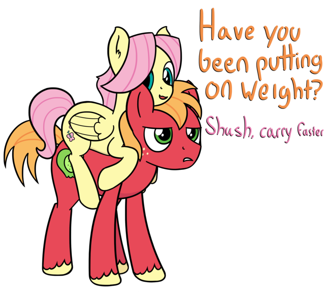 Size: 3316x2963 | Tagged: safe, alternate version, artist:czu, derpibooru import, big macintosh, fluttershy, alternate hairstyle, buttermac, butterscotch, carrying, female, fluttermac, gay, half r63 shipping, male, missing accessory, riding, rule 63, shipping, straight, text