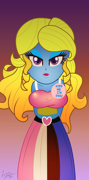 Size: 500x1010 | Tagged: suggestive, artist:lennonblack, derpibooru import, oc, oc:azure/sapphire, equestria girls, crossdressing, femboy, genderfluid pride flag, image, kissing, male, pansexual, pansexual pride flag, png, pride, pride dress, pride flag, pride month