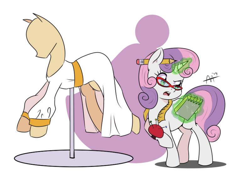 Size: 842x595 | Tagged: safe, artist:shelltoon, derpibooru import, sweetie belle, pony, unicorn, clothes, dress, female, filly, glasses, magic, mannequin, newbie artist training grounds, notepad, pincushion, simple background, solo, transparent