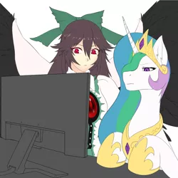 Size: 3500x3500 | Tagged: safe, derpibooru import, edit, princess celestia, alicorn, pony, bow, computer, crossover, crown, desk, hoof shoes, jewelry, reaction image, regalia, reiuji utsuho, stare, sun god, touhou, unimpressed, wings