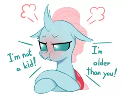 Size: 2500x1999 | Tagged: angry, artist:maren, blushing, changedling, changeling, crossed legs, cute, derpibooru import, dialogue, diaocelles, female, madorable, ocellus, pouting, puffy cheeks, safe, simple background, solo, tsundere, tsundocellus, white background