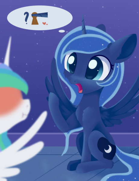 Size: 1176x1530 | Tagged: safe, artist:dusthiel, derpibooru import, princess celestia, princess luna, alicorn, pony, blushing, cannon, cheek fluff, chest fluff, duo, female, heart, keyhole, mare, newbie artist training grounds, open mouth, out of context, pictogram, shoulder fluff, siblings, sisters, sitting, speech bubble, spread wings, wings