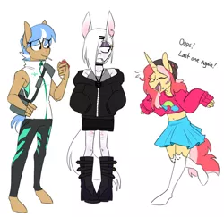 Size: 957x931 | Tagged: anthro, armpits, artist:redxbacon, derpibooru import, female, oc, oc:atom bit, oc:rubber bunny, oc:sleezy trail, safe, scar, self harm scars, unofficial characters only