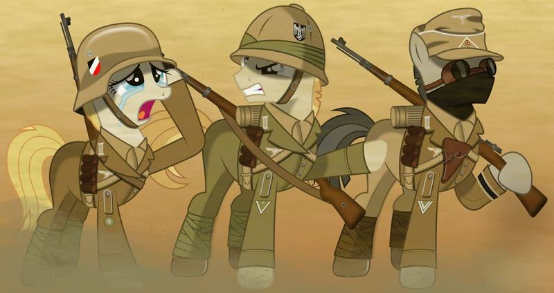 Size: 1024x543 | Tagged: safe, artist:brony-works, derpibooru import, earth pony, pony, afrika korps, bolt-action rifle, clothes, corporal, crying, desert, dust, epaulettes, female, goggles, gritted teeth, gun, hat, helmet, holster, male, mare, mauser 98k, military uniform, national socialism, pith helmet, pointing, putties, rifle, stahlhelm, stallion, third reich, uniform, weapon, world war ii