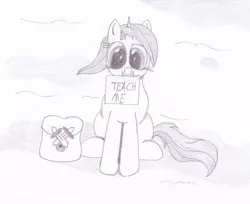 Size: 2048x1670 | Tagged: safe, artist:ragmo, derpibooru import, oc, unofficial characters only, pony, unicorn, atg 2019, bag, female, looking at you, monochrome, newbie artist training grounds, saddle bag, sign, simple background, sitting, traditional art
