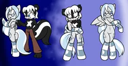 Size: 2528x1302 | Tagged: abstract background, anthro, artist:tinker-tock, both cutie marks, clothes, derpibooru import, furry, furry oc, glasses, inanimate tf, living suit, oc, oc:scotskunk, oc:stripe shine, pants, pegasus, pegasus oc, ponysuit, safe, skunk, socks, striped socks, transformation, transformation sequence, unguligrade anthro, unofficial characters only, wings, zipper
