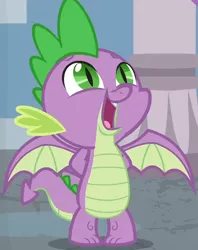 Size: 866x1094 | Tagged: safe, derpibooru import, screencap, spike, dragon, marks for effort, arm behind back, cropped, cute, innocent, male, school of friendship, smiling, solo, spikabetes, spread wings, upscaled, winged spike, wings